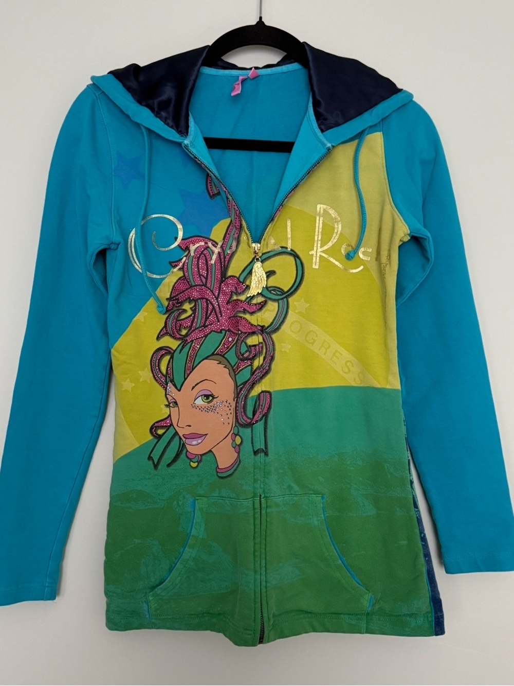 Christian Audigier Teal Crewneck Top with Pink Label